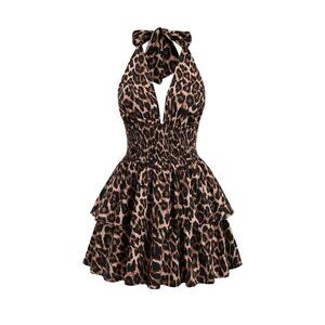 Backless Halter Mini Dress Leopard Print Y2K Deep V Neck Ruffle